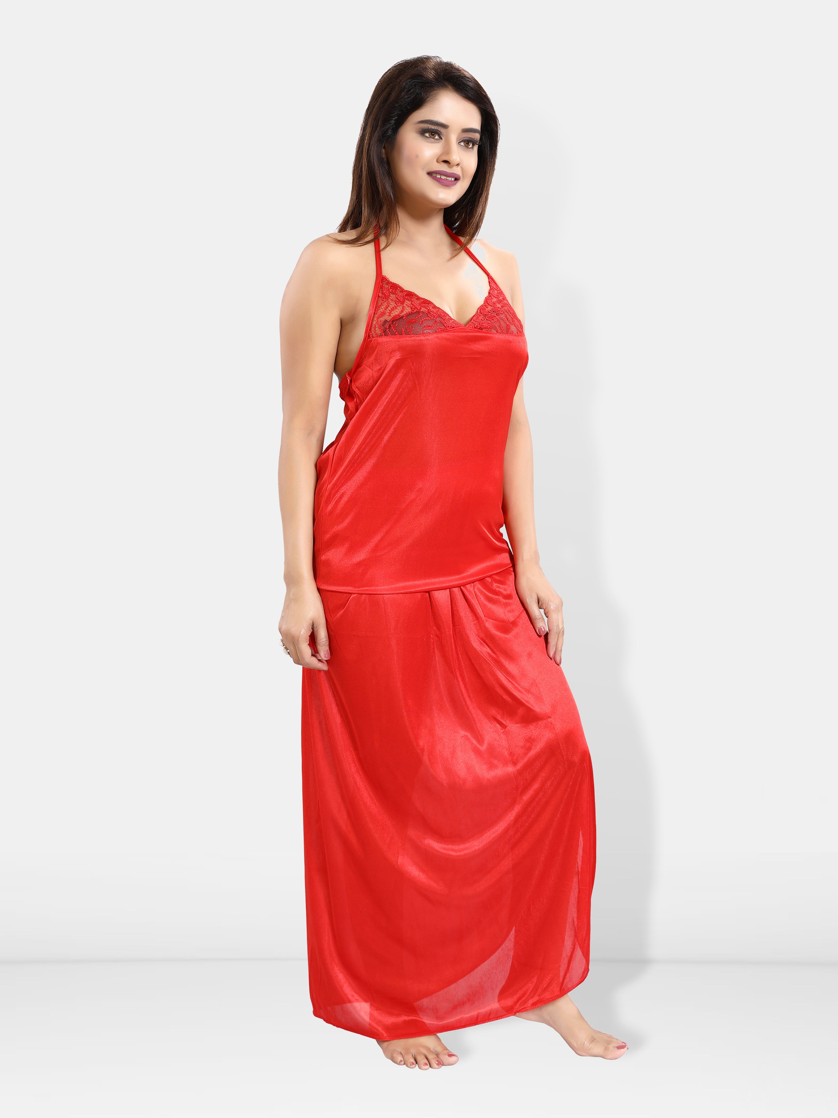 Red (Pack of 6) Nightwear Set in Solid Satin for Women