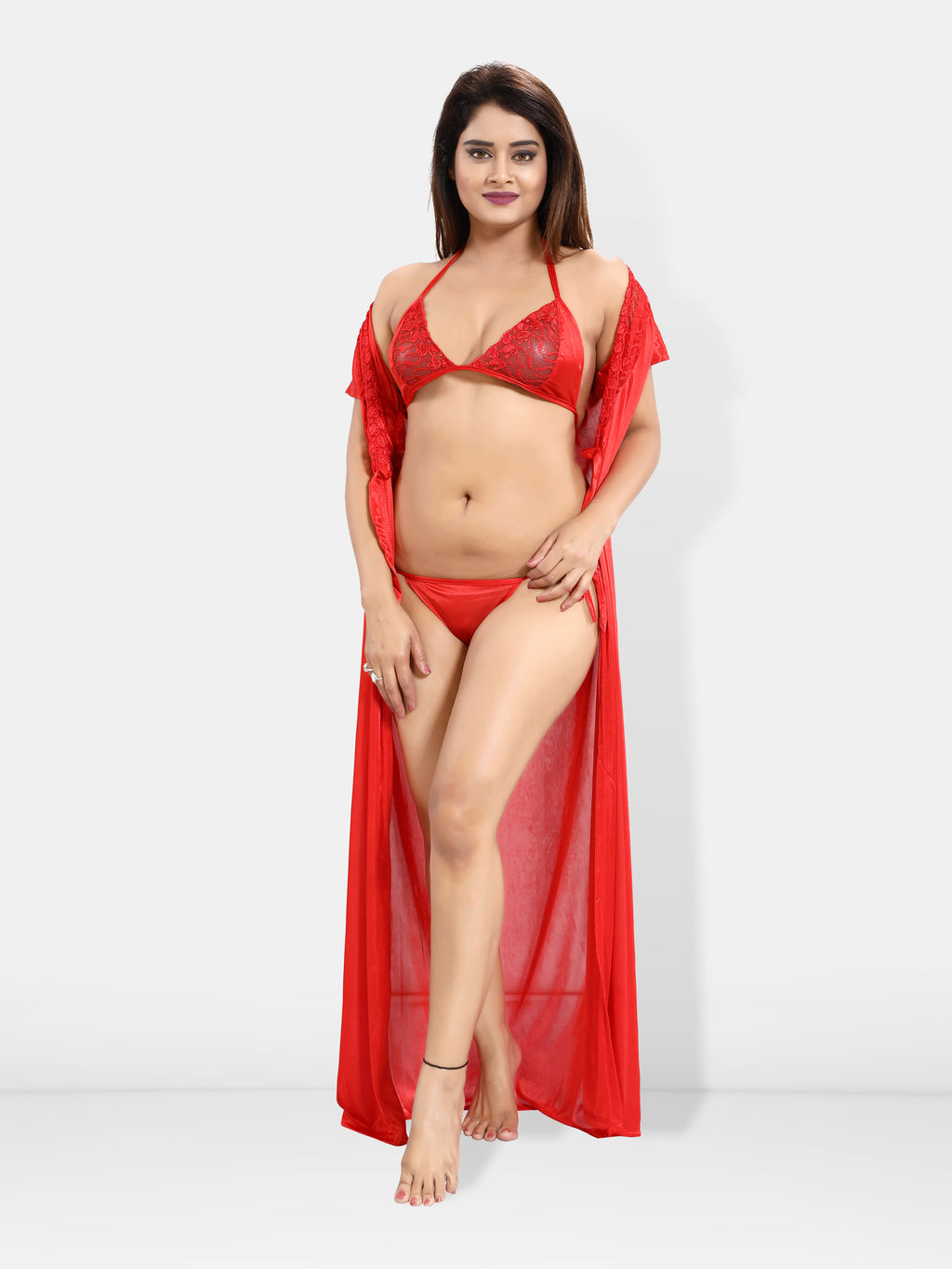 Red (Pack of 6) Nightwear Set in Solid Satin for Women