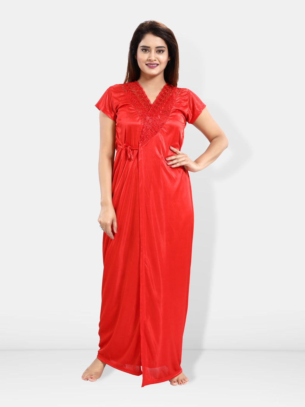 Red (Pack of 6) Nightwear Set in Solid Satin for Women
