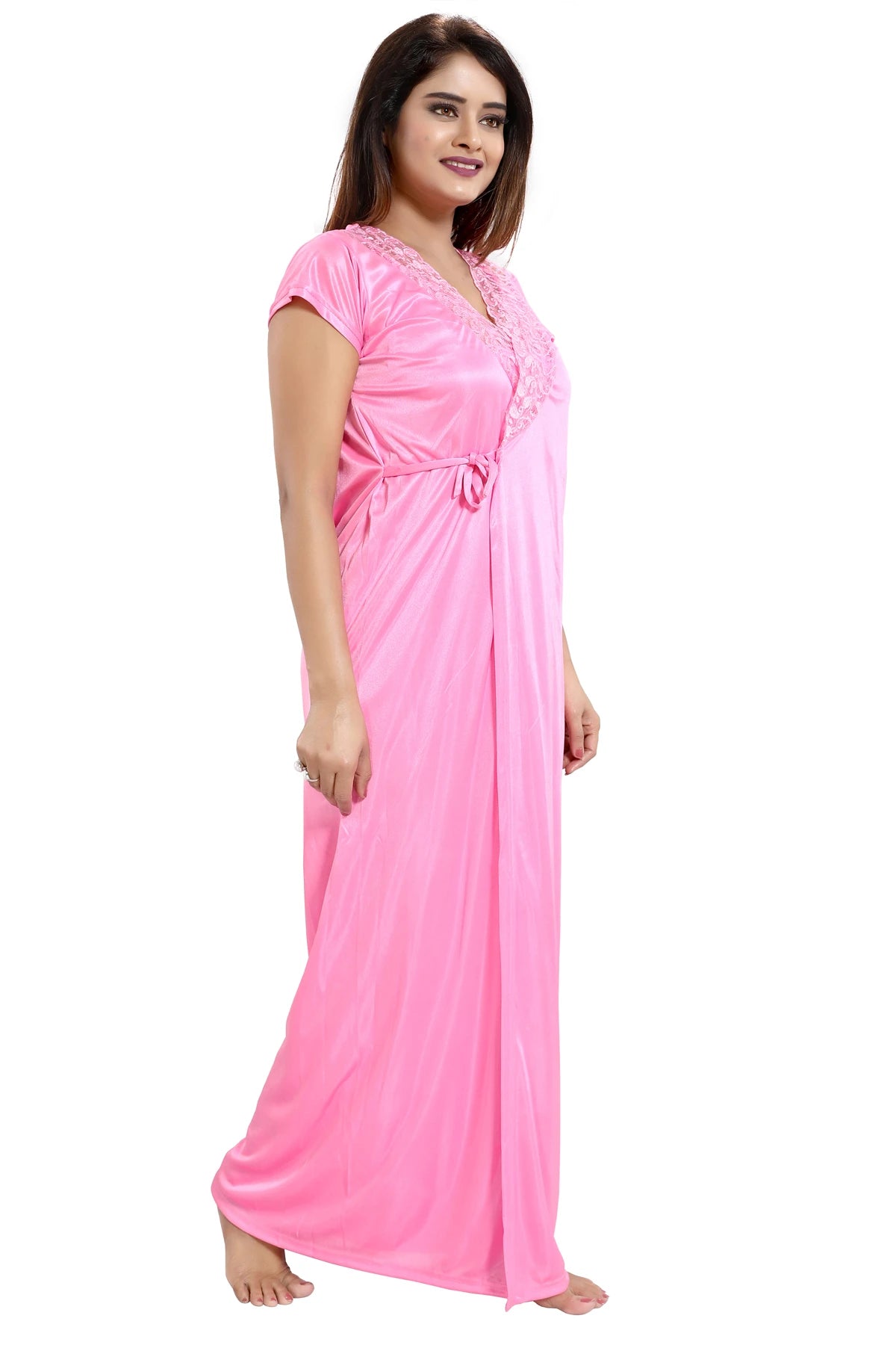 pink satin nightwear set for women
