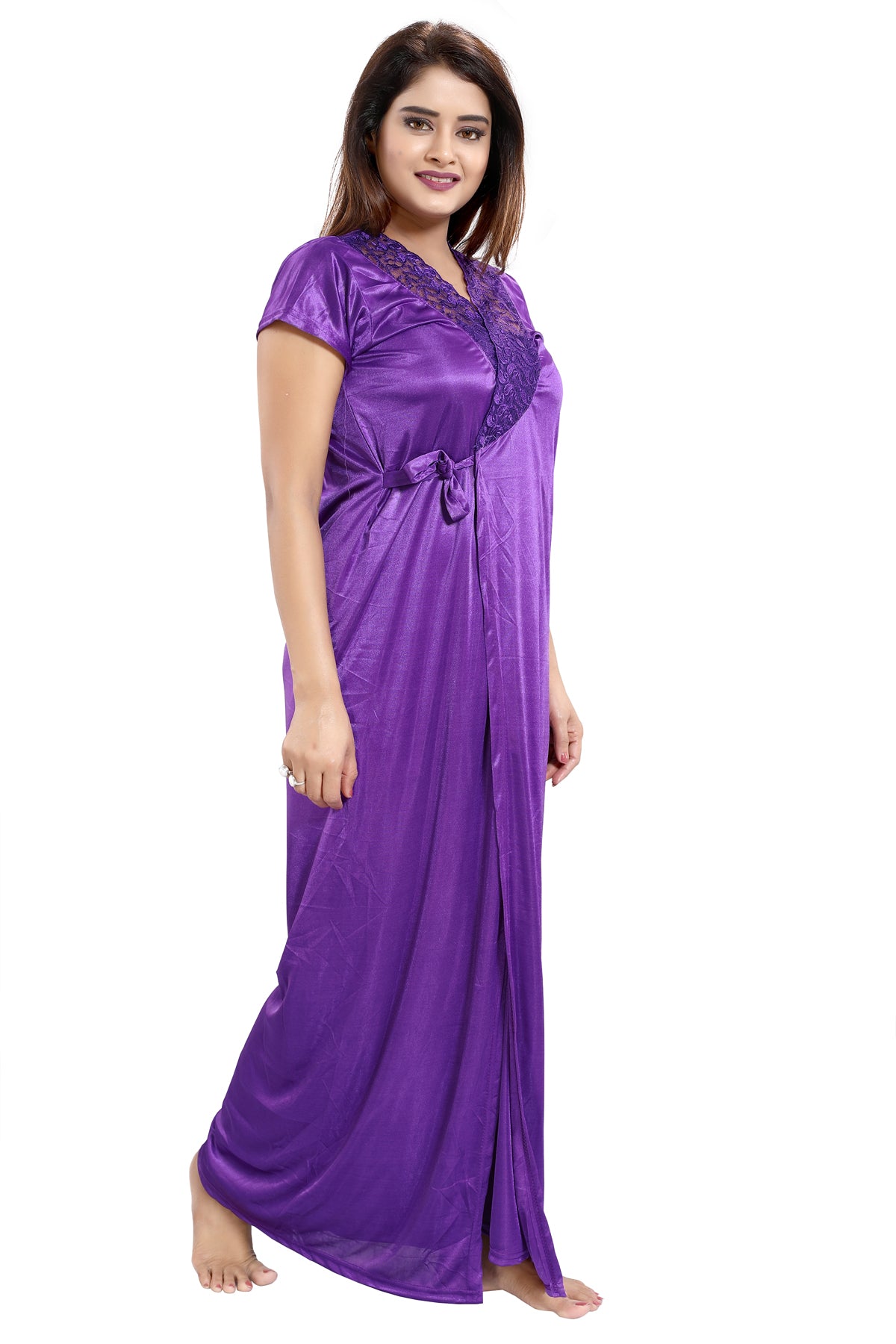 Purple Satin Solid 6 Piece Nightwear Set for Women