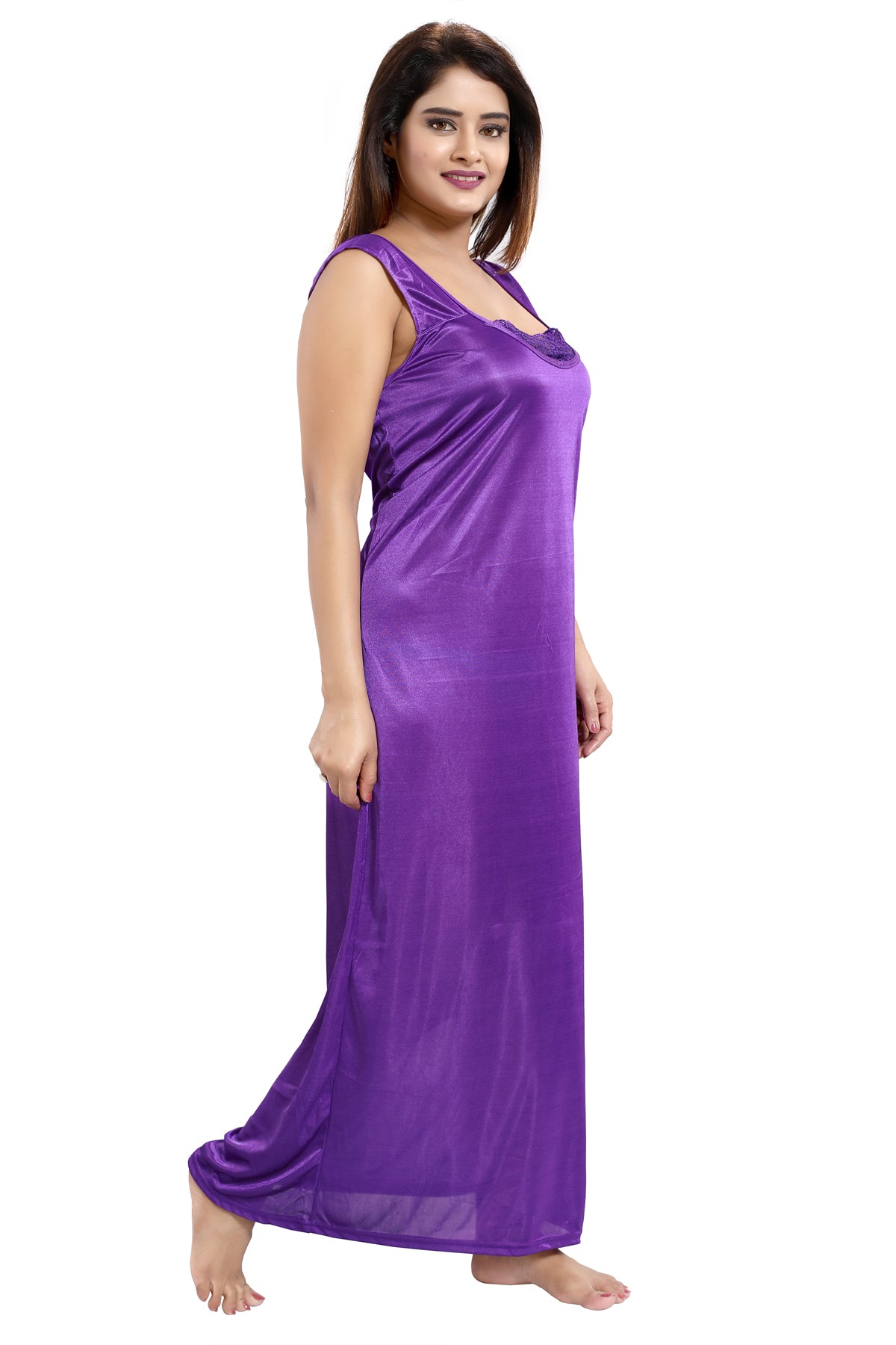Purple Satin Solid 6 Piece Nightwear Set for Women