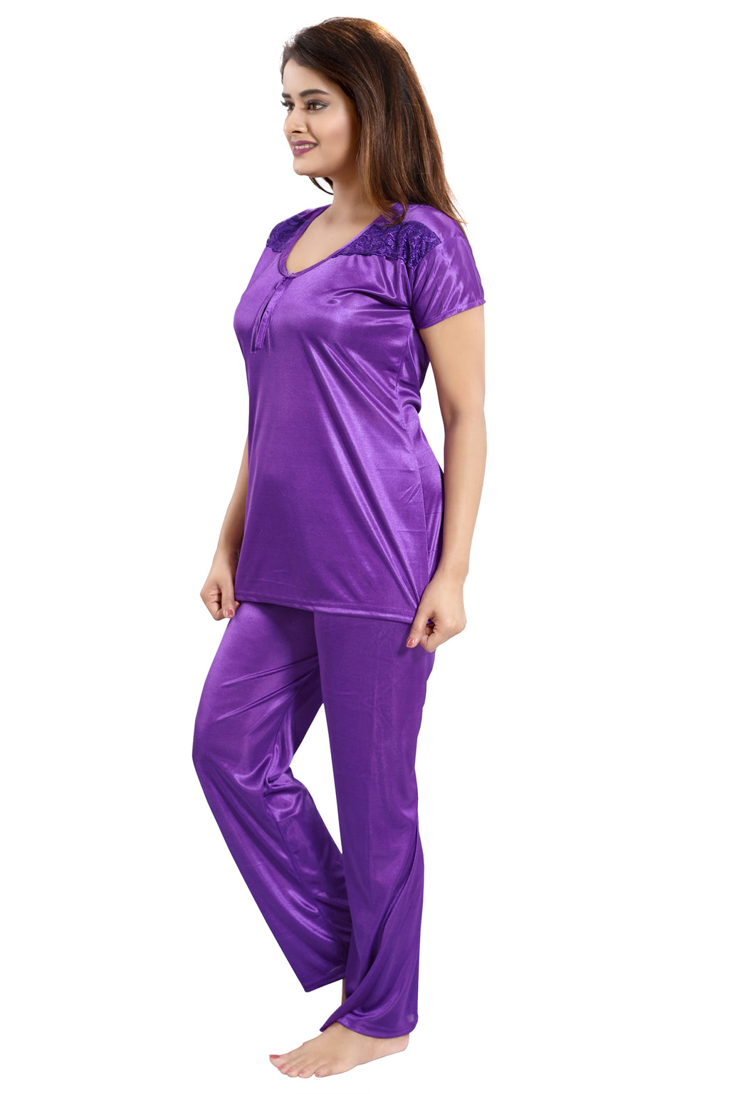 Purple Satin Solid 6 Piece Nightwear Set for Women