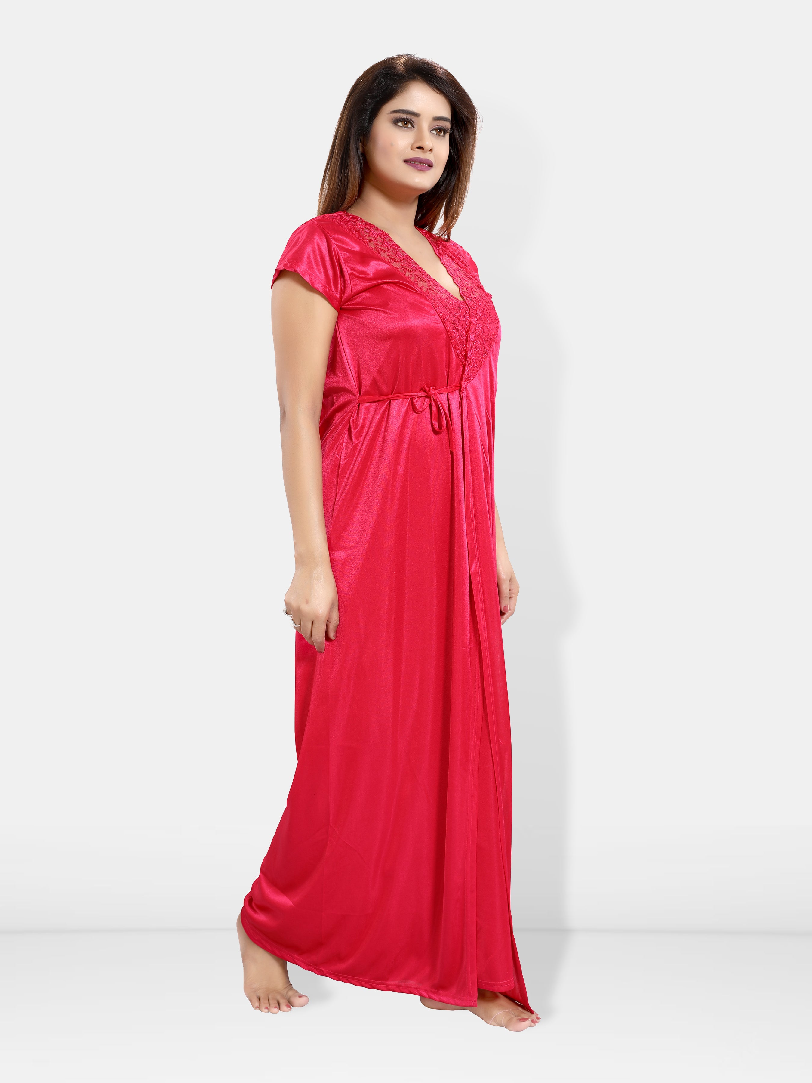 Red Satin Solid 6 Piece Nightwear Set for Women