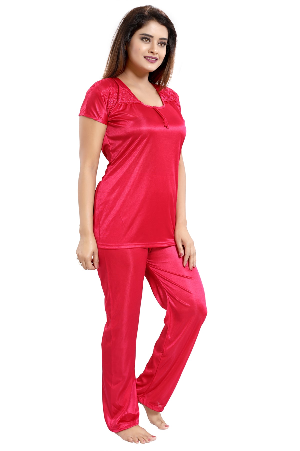 Red Satin Solid 6 Piece Nightwear Set for Women