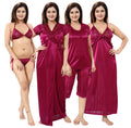 Maroon Satin Solid 6 Piece Nightwear Set for Women