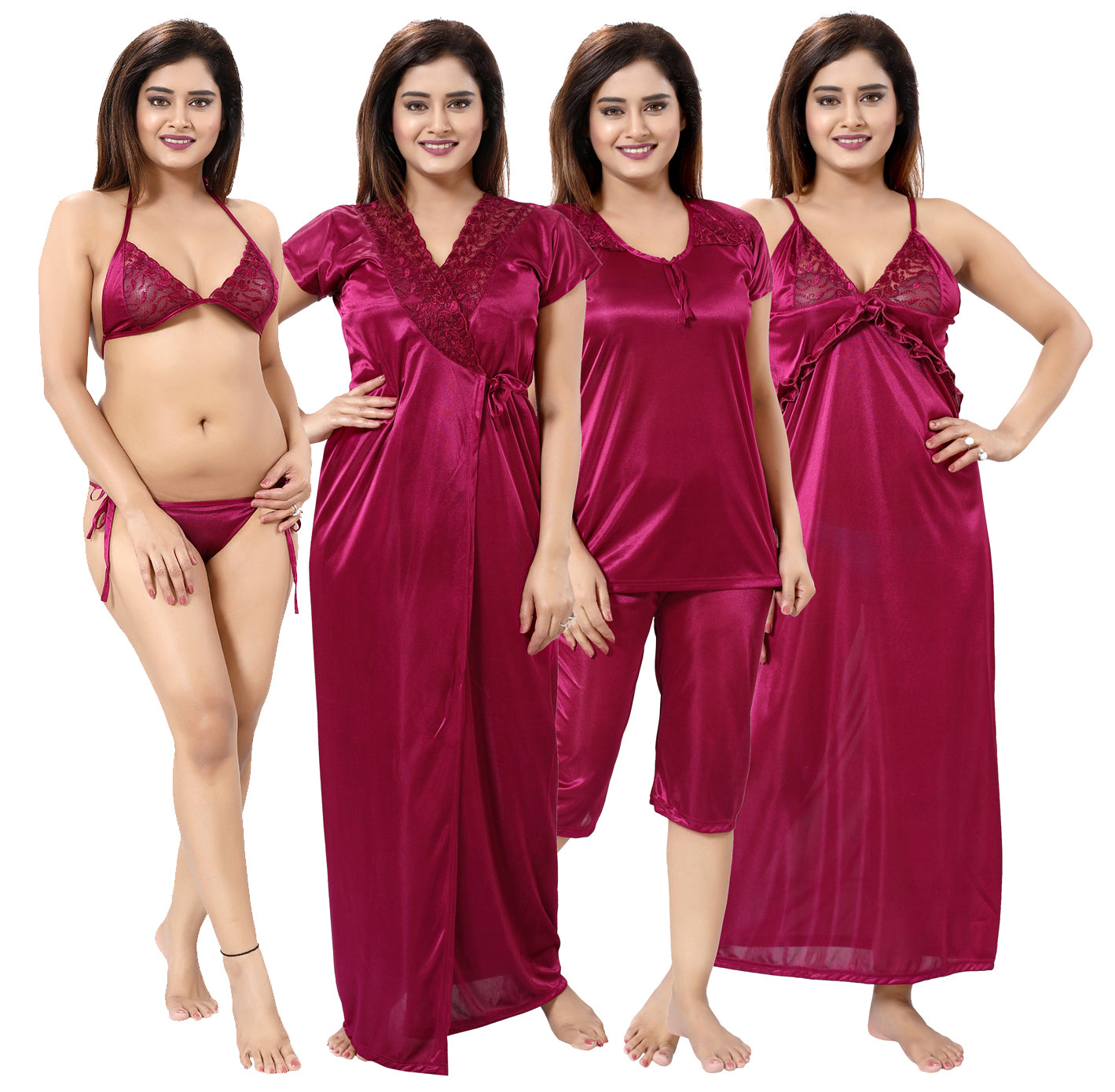 Solid Satin 6-Piece Nightwear Set for Women