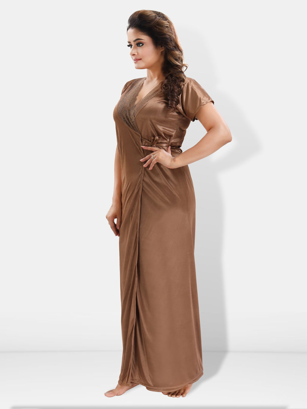 Brown Solid Satin 6-Piece Nightwear Set for Women