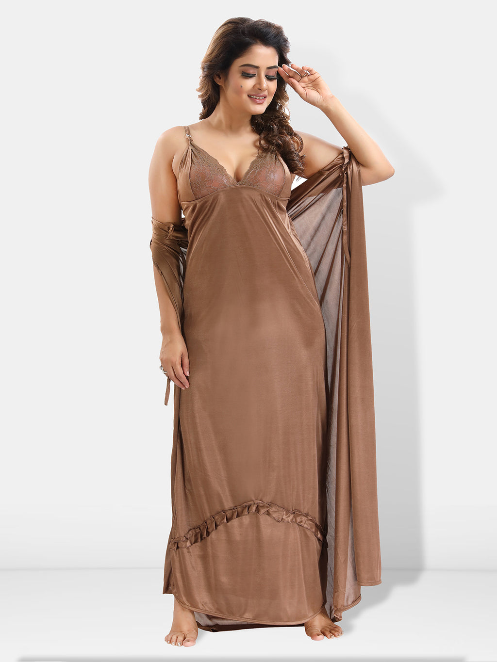 Brown Solid Satin 6-Piece Nightwear Set for Women