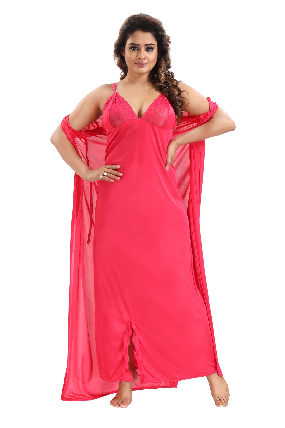 Hot Pink Solid Satin 6-Piece Nightwear Set for Women