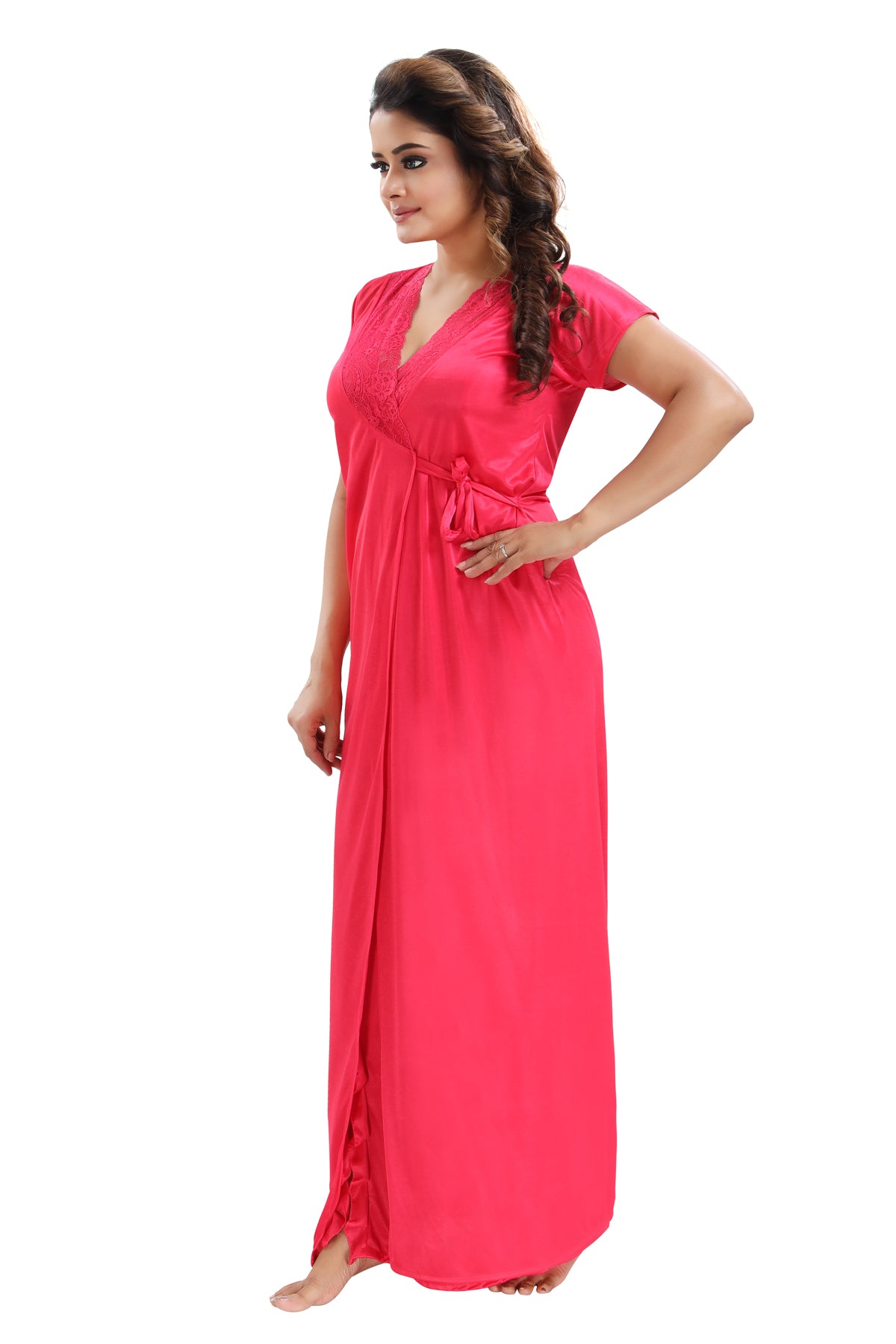 Hot Pink Solid Satin 6-Piece Nightwear Set for Women