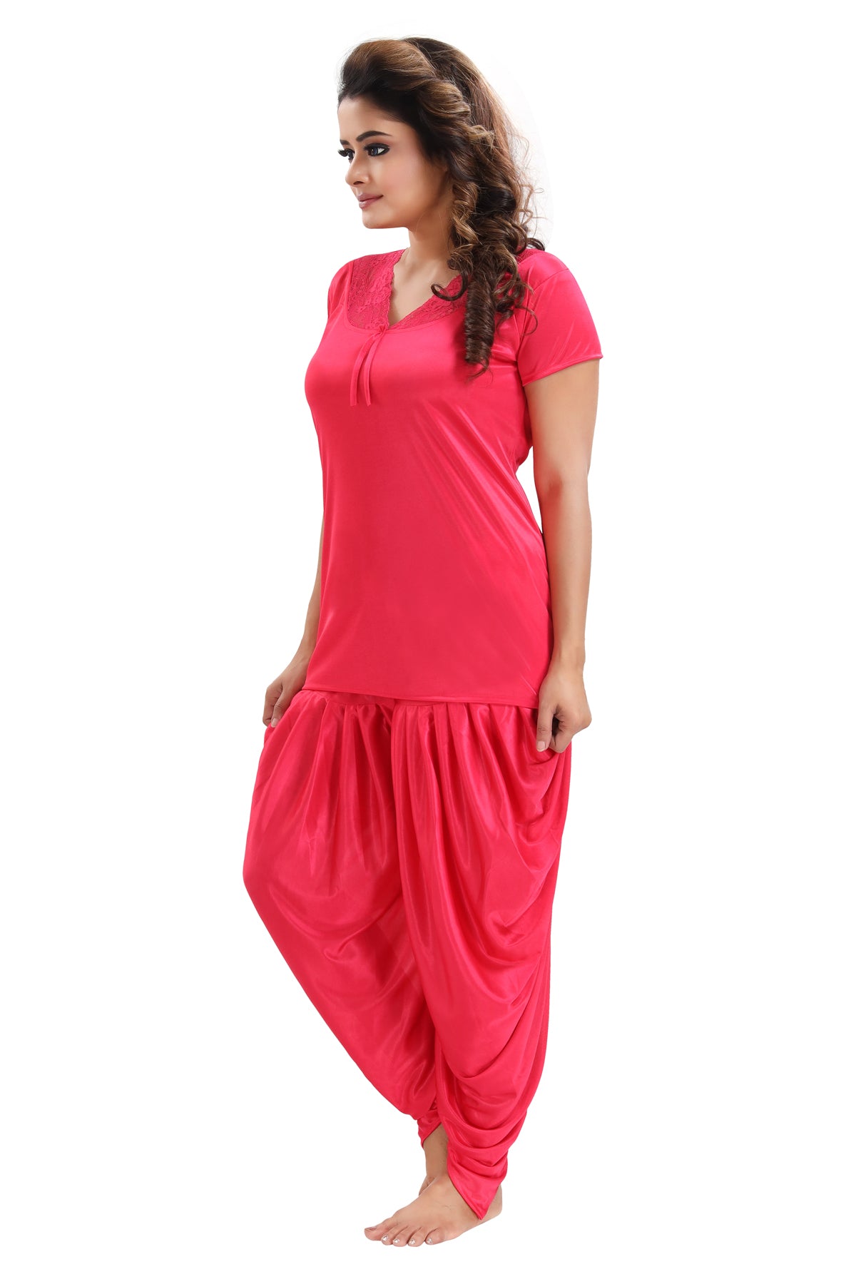 Hot Pink Solid Satin 6-Piece Nightwear Set for Women