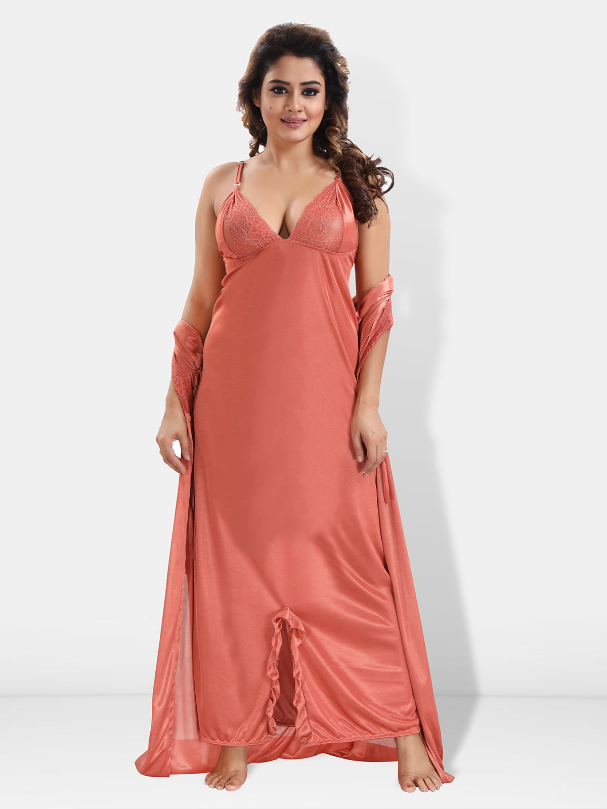 Orange Satin Solid 6 Piece Nightwear Set for Women
