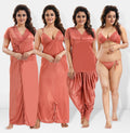 Orange Satin Solid 6 Piece Nightwear Set for Women