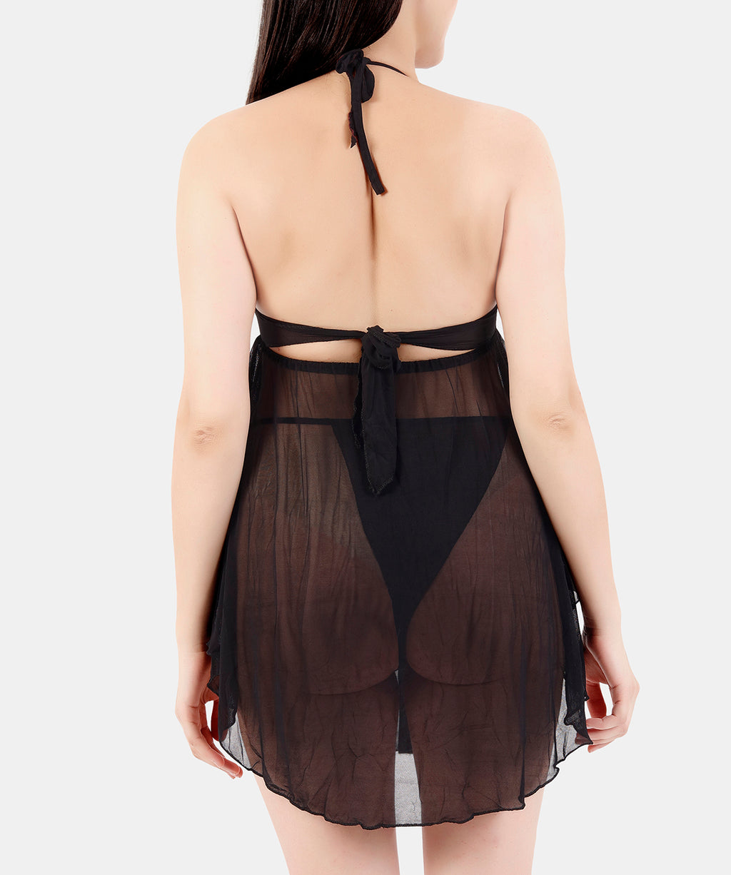 Black Solid Power Net Baby Doll Nighty with Panty for Women