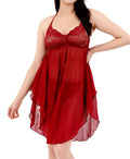 Maroon Solid Power Net Baby Doll Nighty with Panty for Women