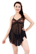 Black Solid Power Net Baby Doll Nighty with Panty for Women
