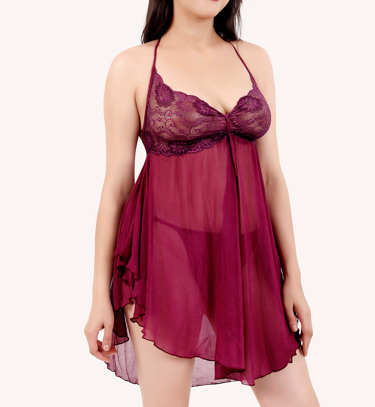 Wine Power Net Babydoll with Panty