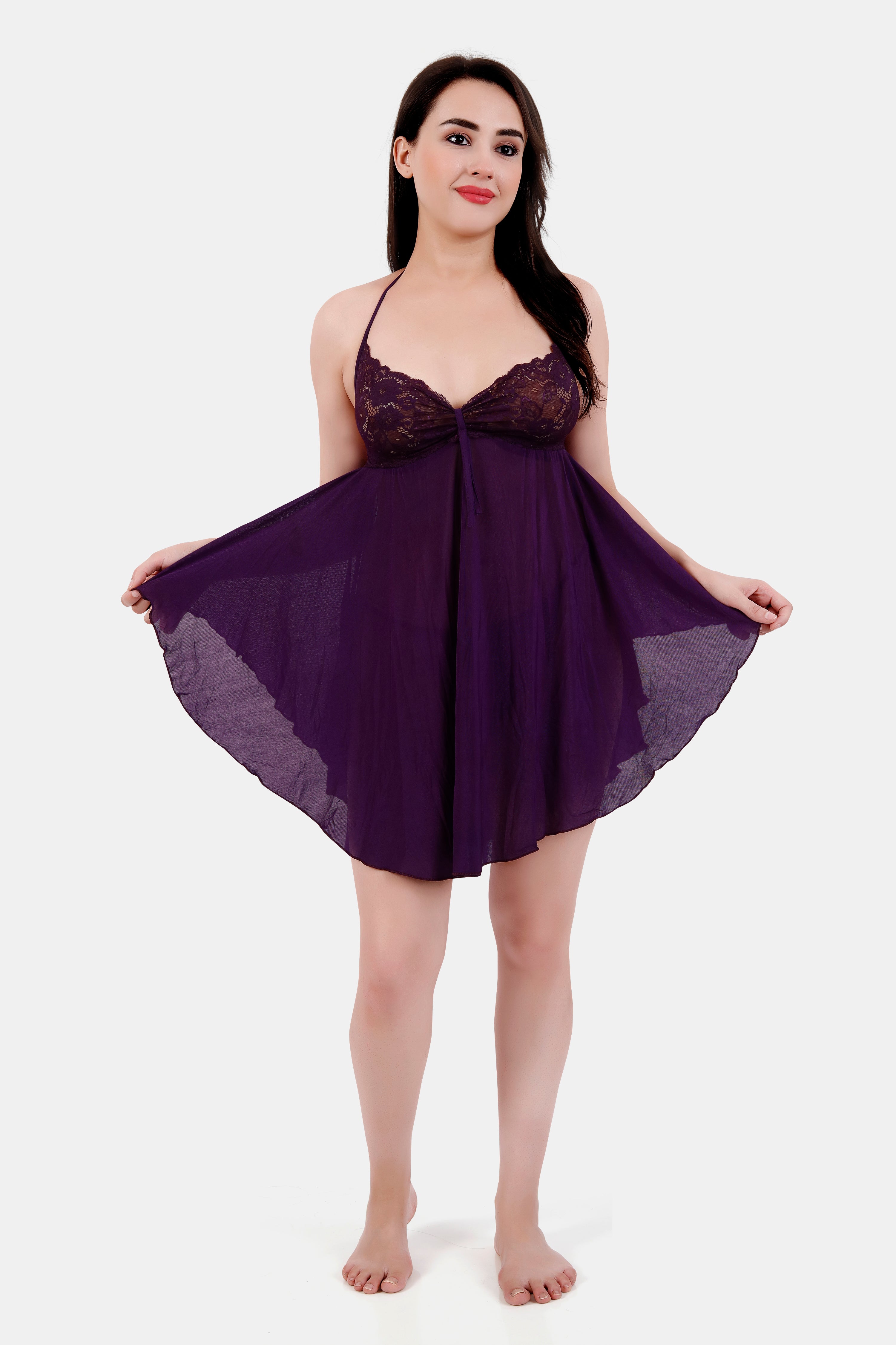 Purple Power Net Babydoll Nighty with Panty for Women