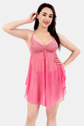 Pink Solid Power Net Baby Doll Nighty with Panty for Women
