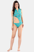 Turquoise Self Design Power Net Baby Doll Nighty for Women