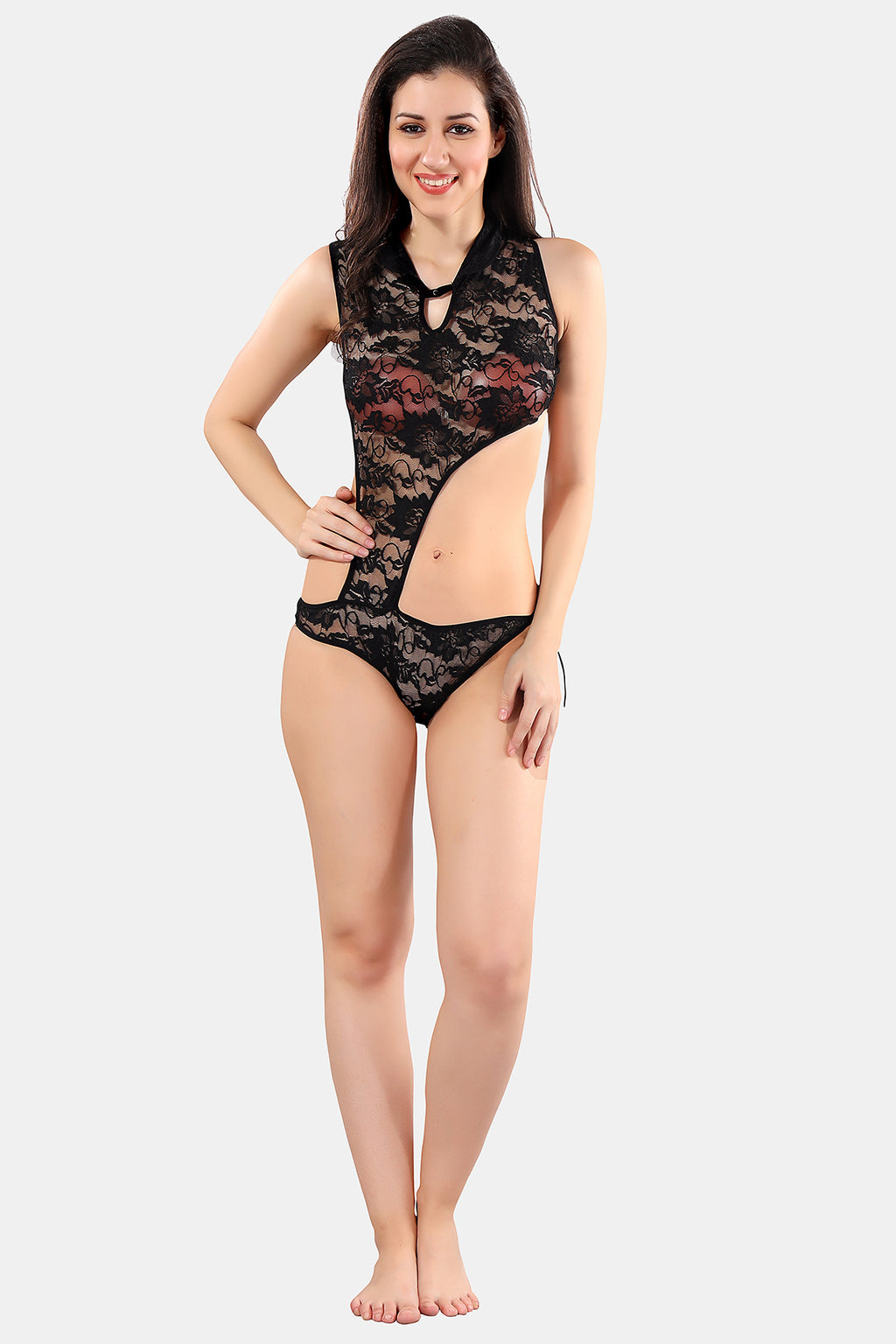 Black Self Design Power Net Baby Doll Nighty for Women