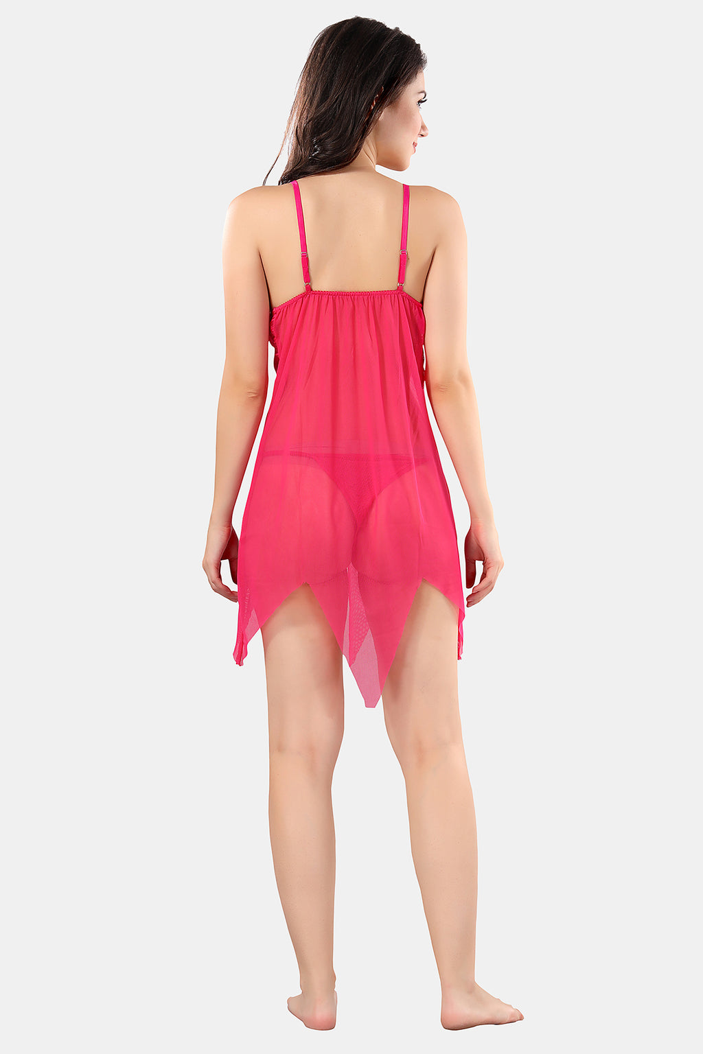 Pink Solid Power Net Baby Doll Nighty with Panty for Women