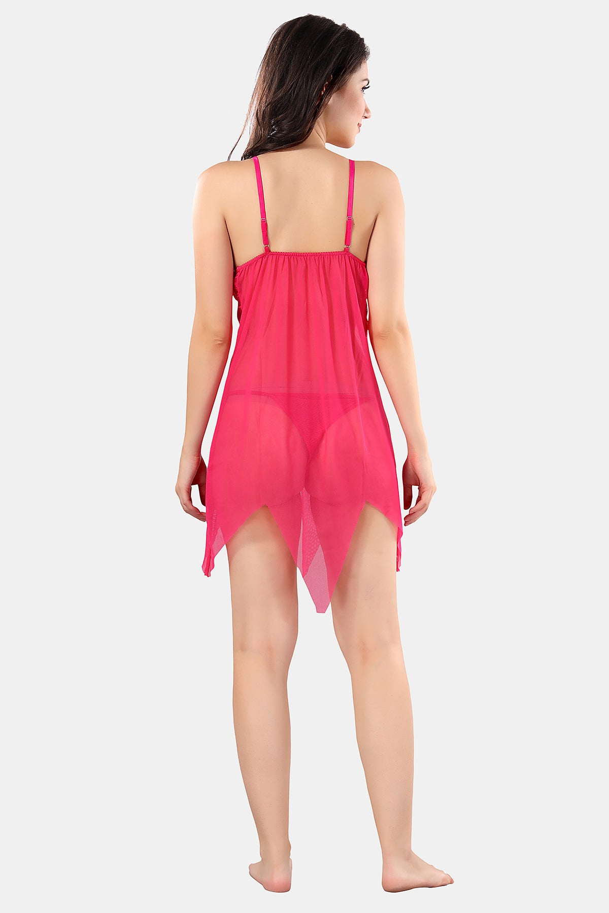 Pink Solid Power Net Baby Doll Nighty with Panty for Women