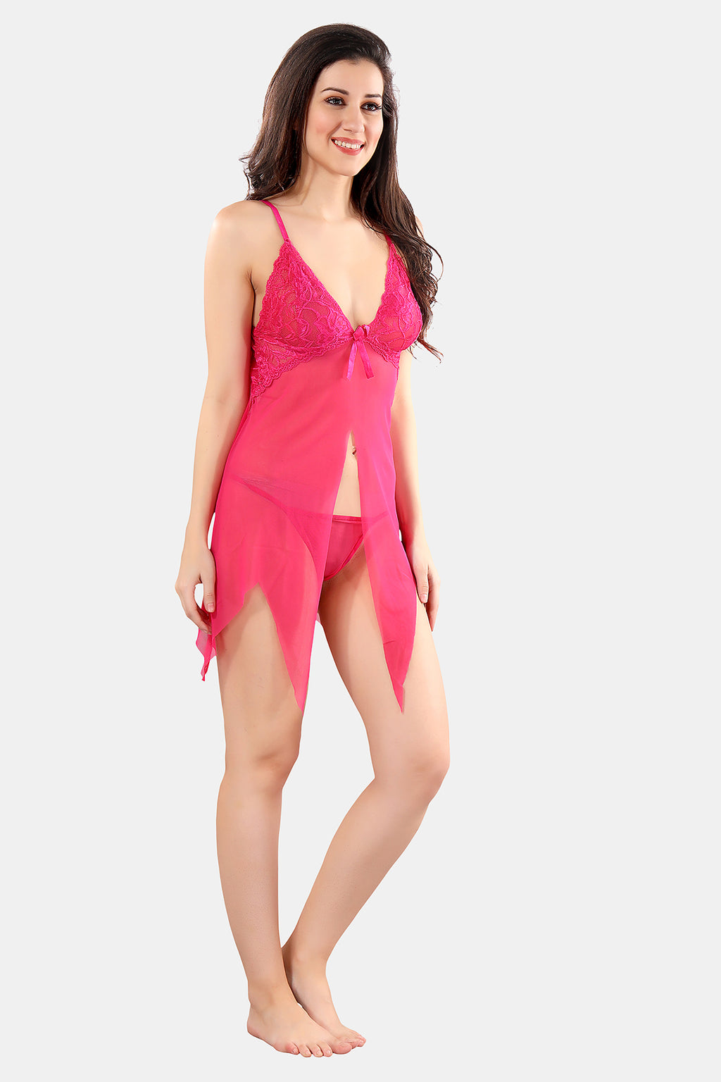 Pink Solid Power Net Baby Doll Nighty with Panty for Women