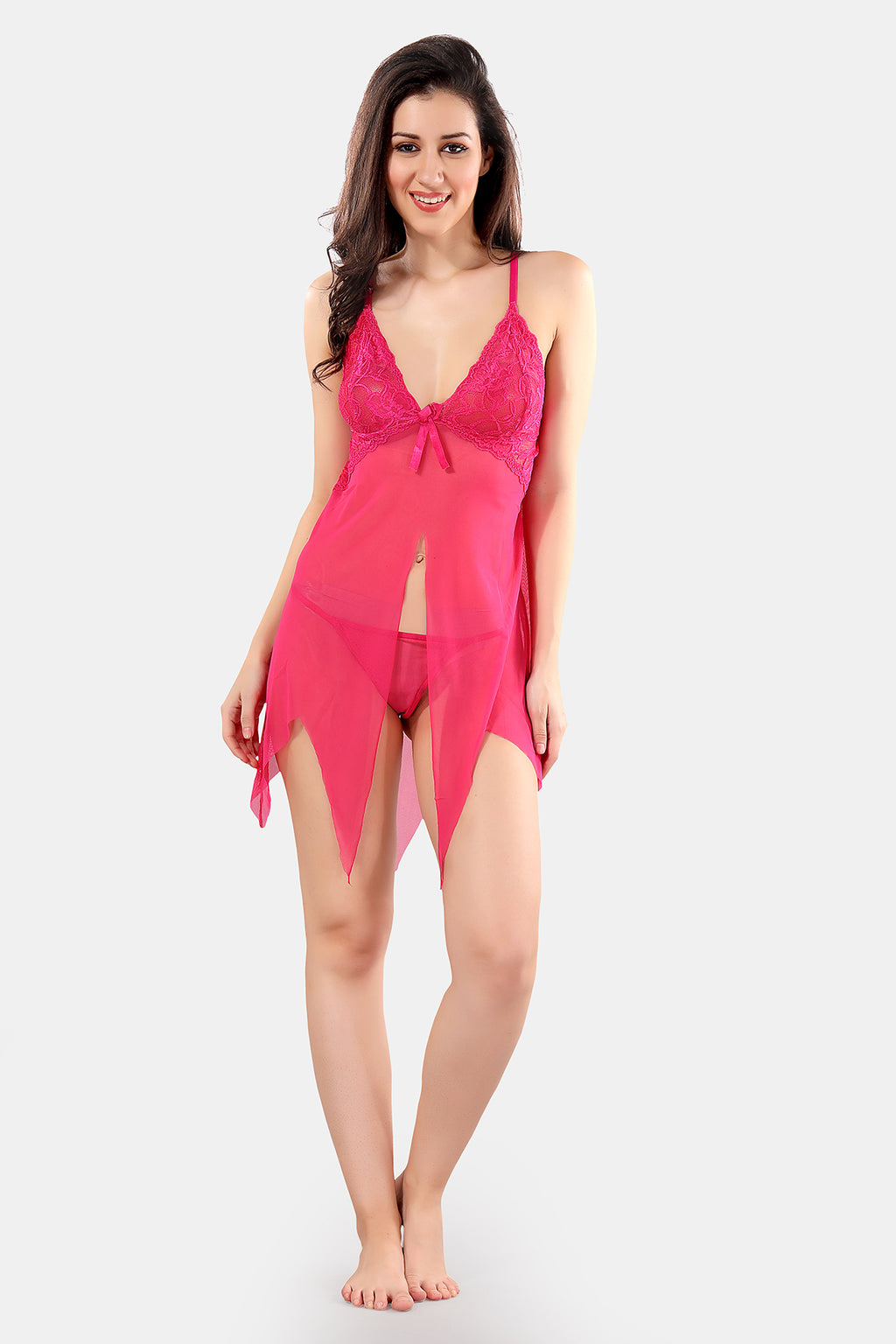 Pink Solid Power Net Baby Doll Nighty with Panty for Women