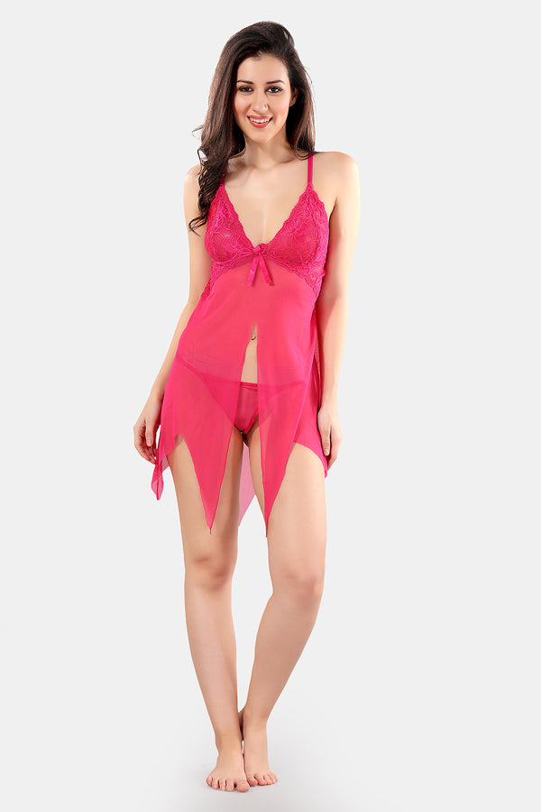 Pink Solid Power Net Baby Doll Nighty with Panty for Women