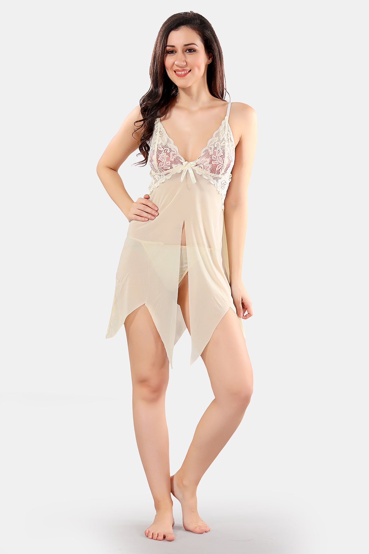 Cream Solid Power Net Baby Doll Nighty for Women