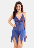 Blue Solid Power Net Baby Doll Nighty with Panty for Women