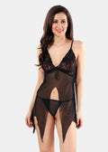 Black Solid Power Net Babydoll Nighty with Panty for Women