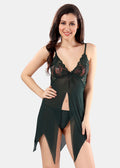 Dark Green Solid Power Net Baby Doll Nighty with Panty for Women