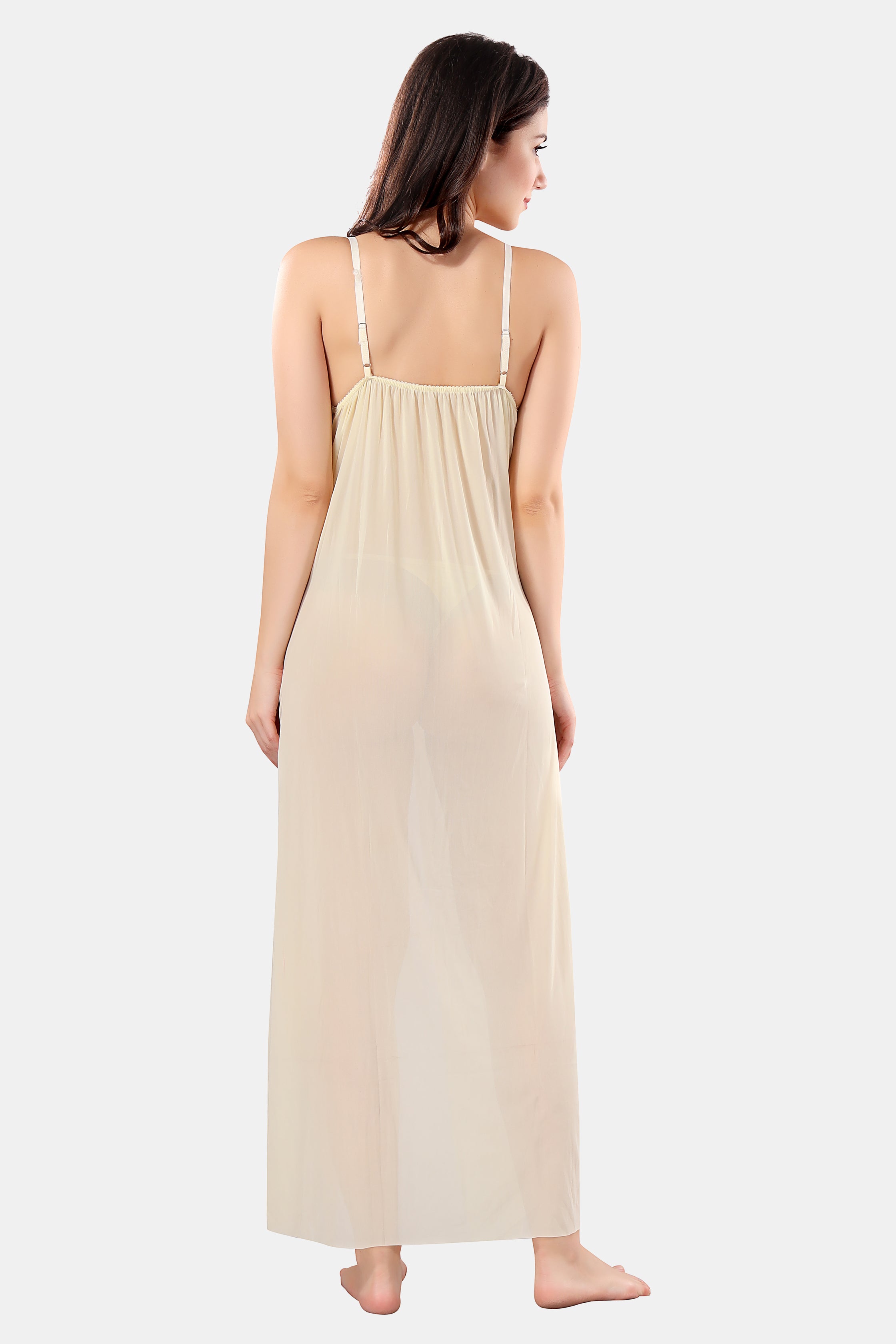 Cream Solid Power Net Long Baby Doll Nighty with Panty for Women