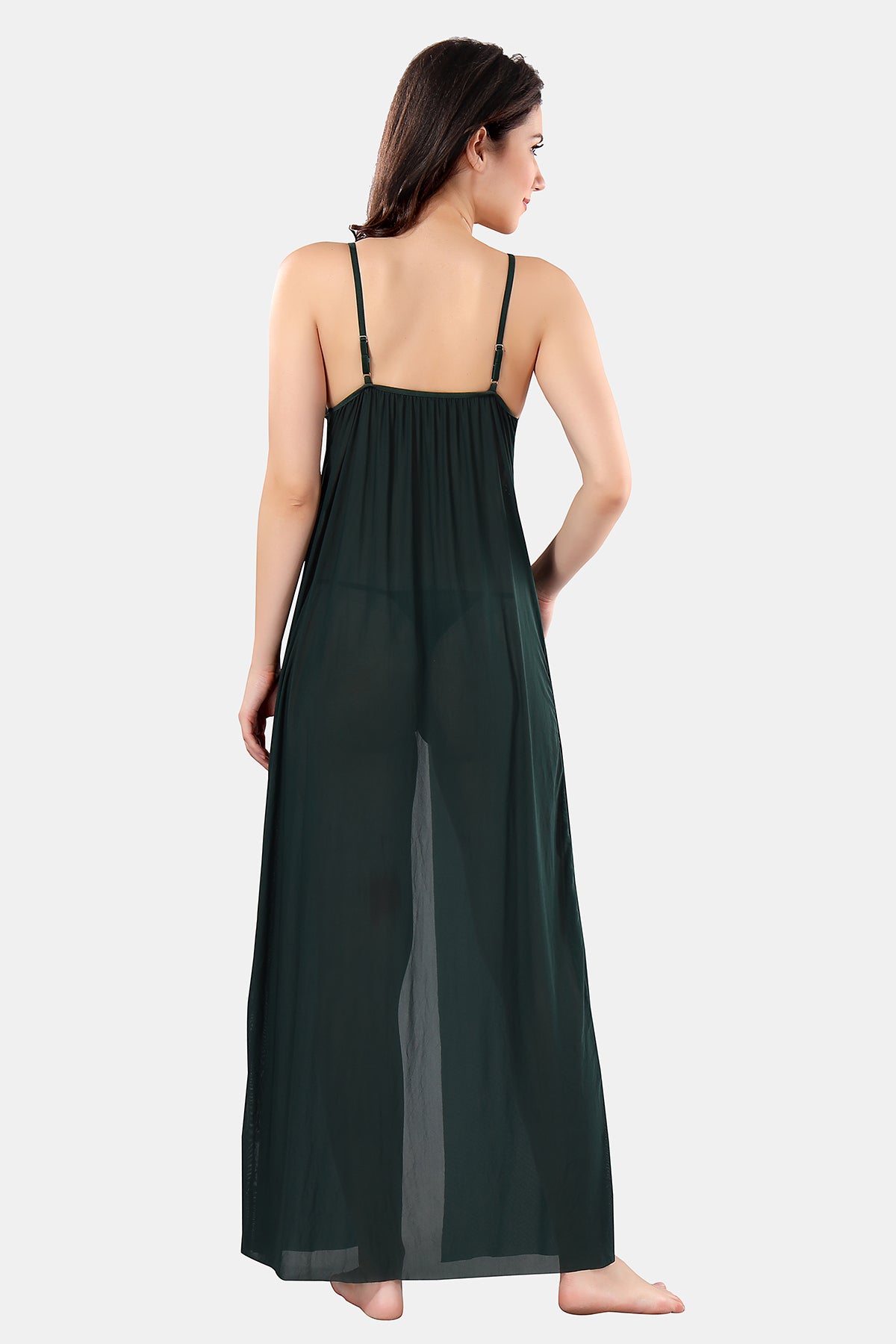 Dark Green Solid Sheer Power Net Babydoll Nighty Set