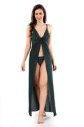 Dark Green Solid Sheer Power Net Babydoll Nighty Set
