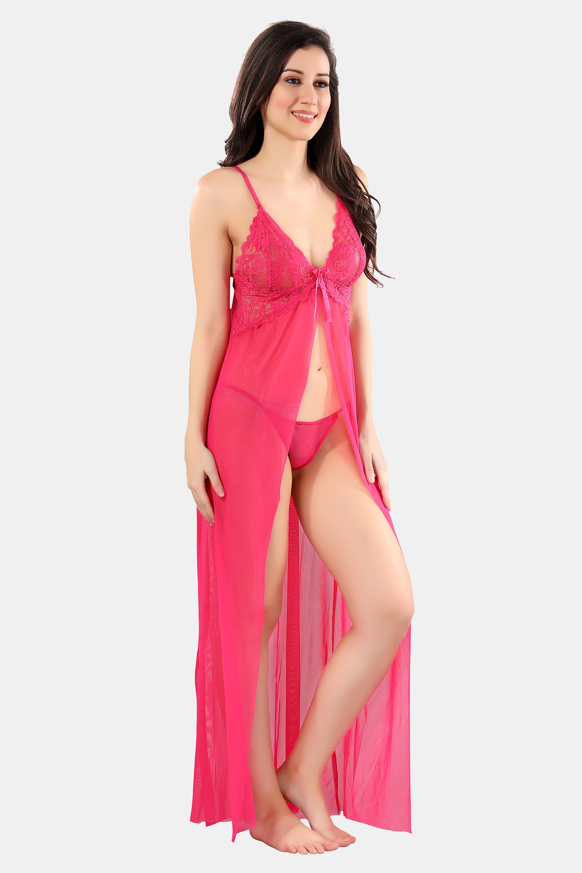 Pink Solid Power Net Babydoll Nighty with Panty for Women