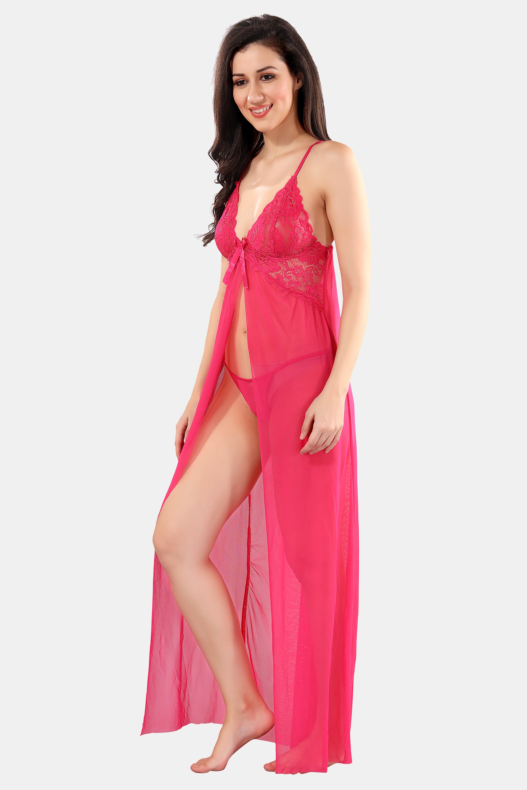 Pink Solid Power Net Babydoll Nighty with Panty for Women