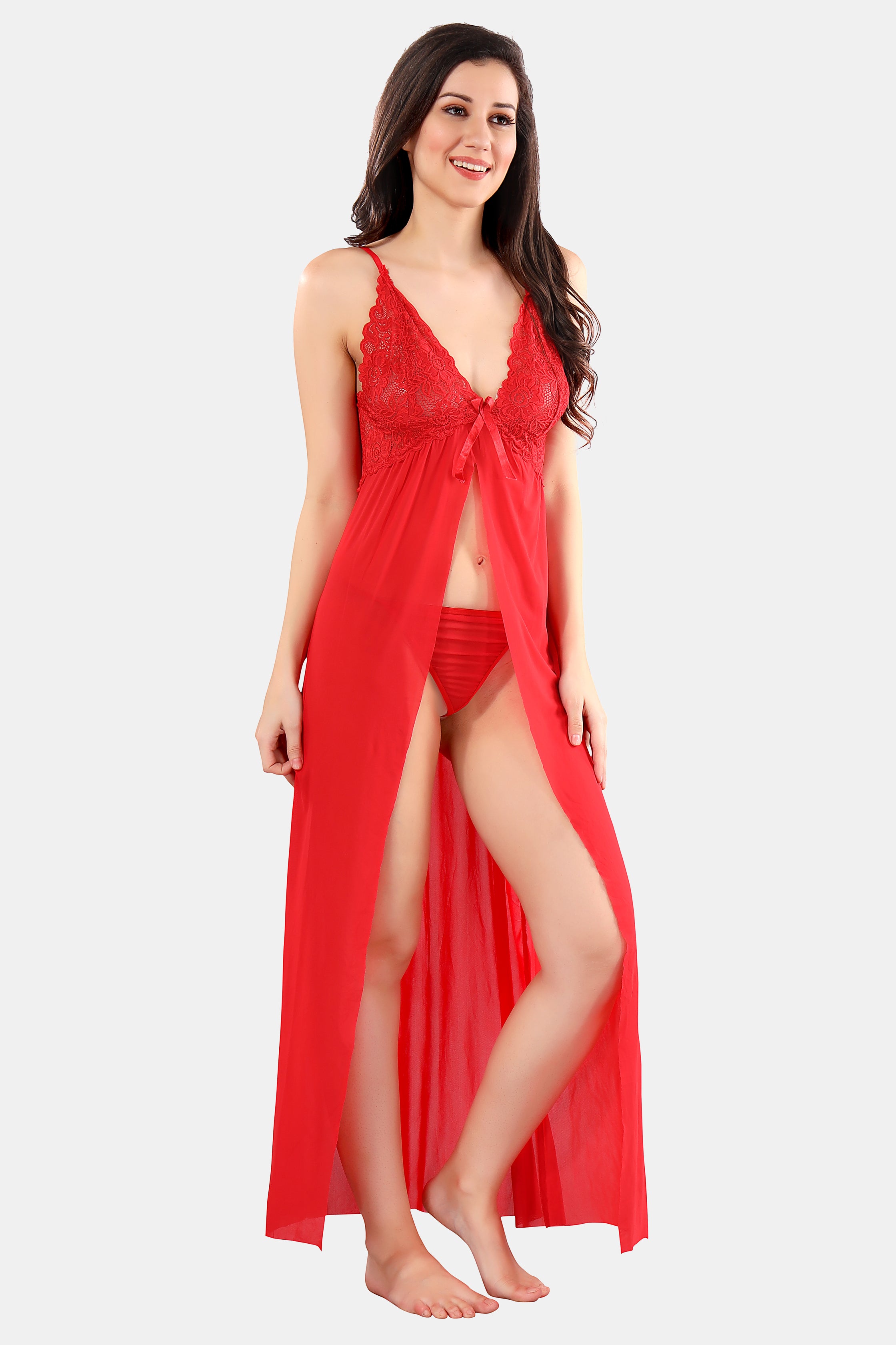 Red Power Net Baby Doll Nighty with Panty for Women