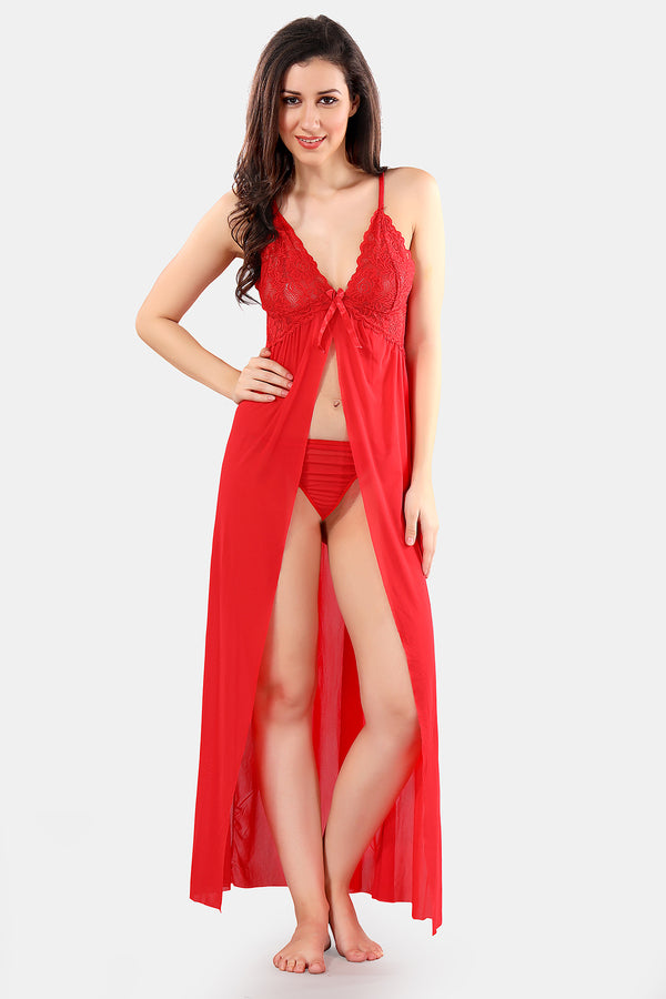 Red Power Net Baby Doll Nighty with Panty for Women