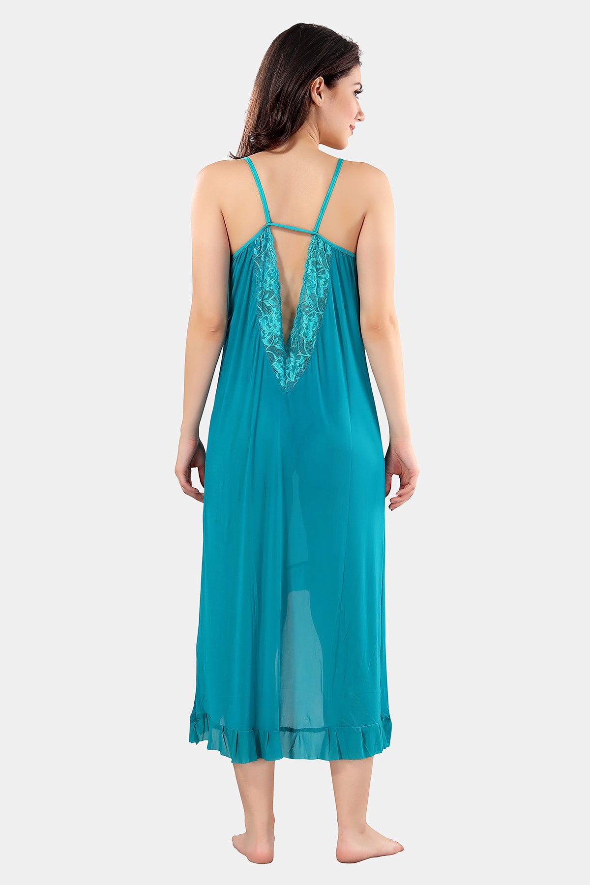 Turquoise Blue Solid Power Net Baby Doll Nighty with Panty for Women