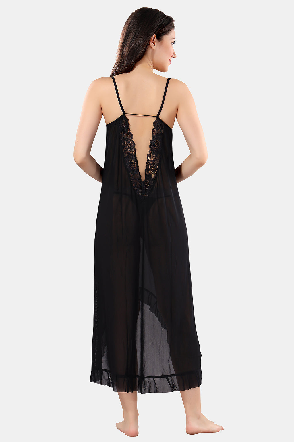 Black Solid Power Net Babydoll Nighty with Panty for Women