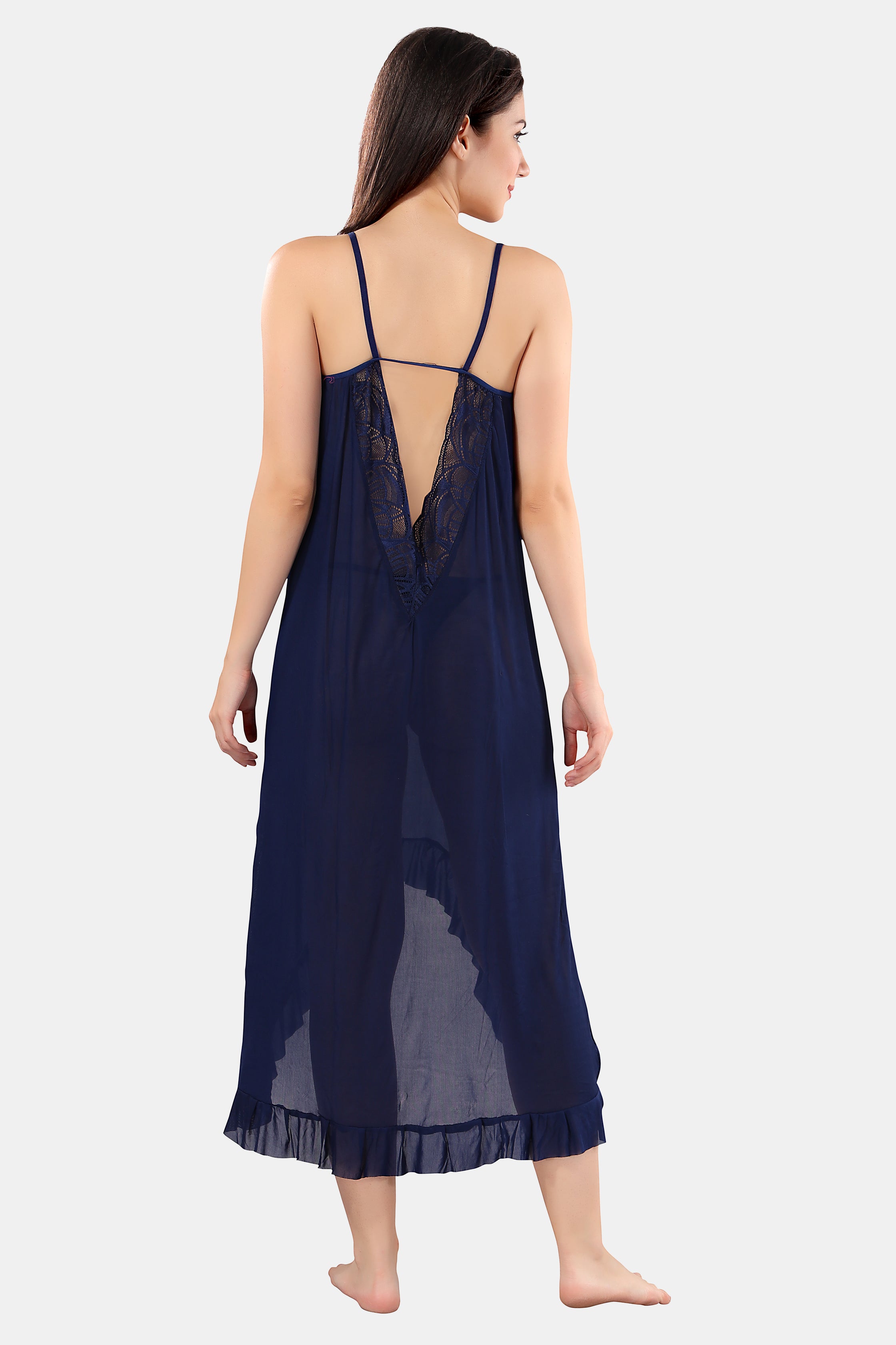 Navy Blue Power Net High-Low Baby Doll Nighty with Panty for Women