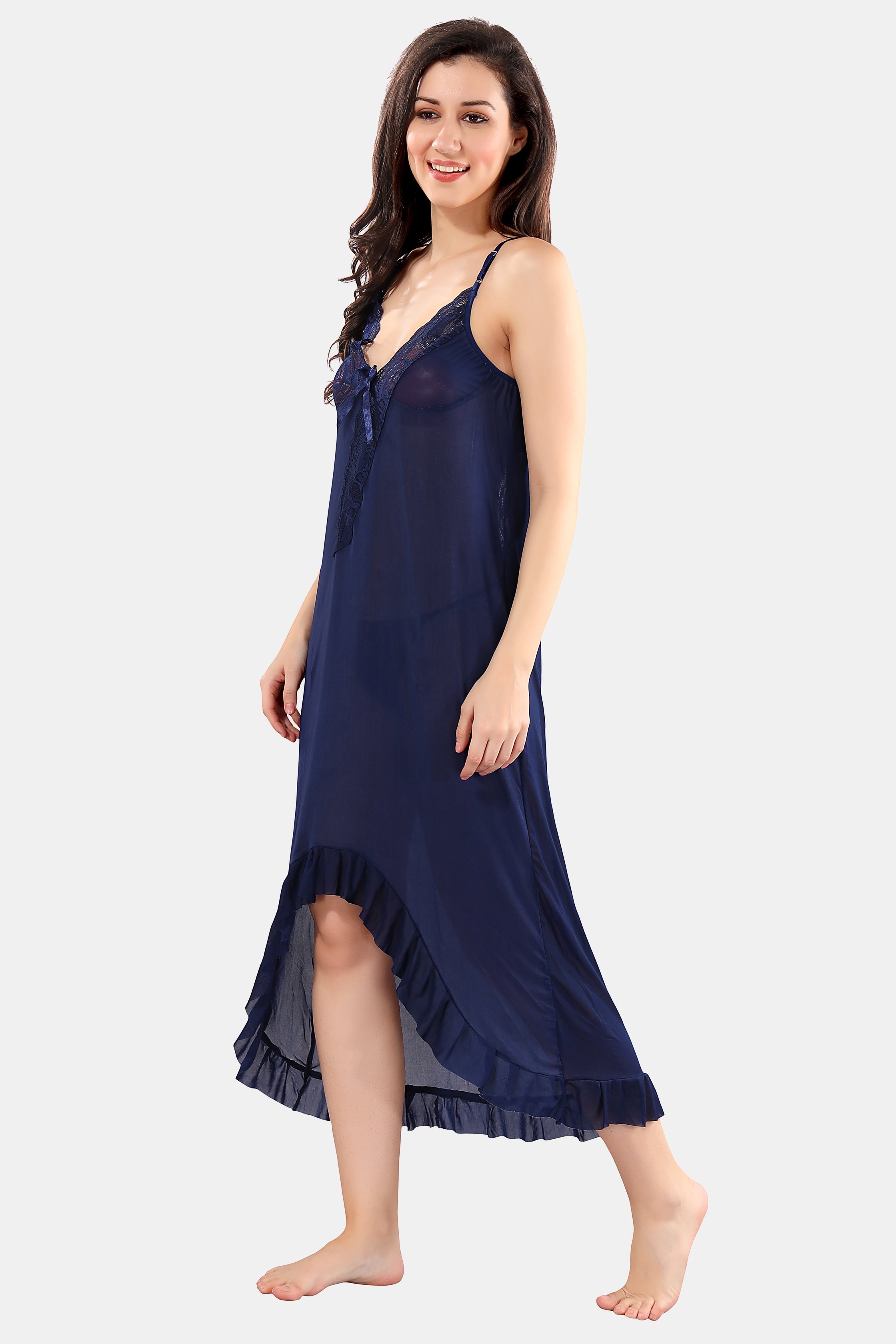 Navy Blue Power Net High-Low Baby Doll Nighty with Panty for Women