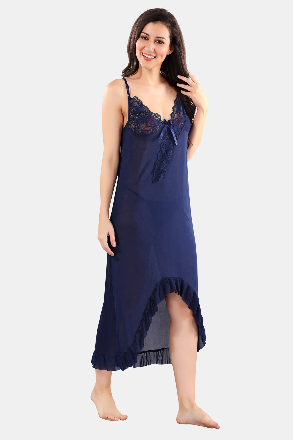 Navy Blue Power Net High-Low Baby Doll Nighty with Panty for Women