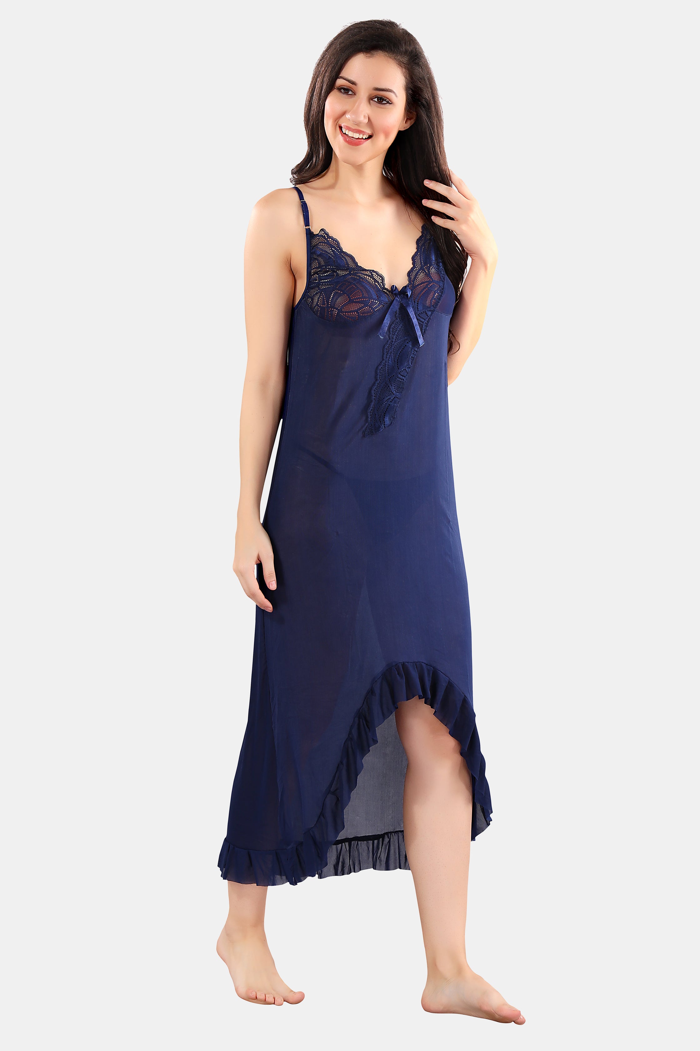 Navy Blue Power Net High-Low Baby Doll Nighty with Panty for Women