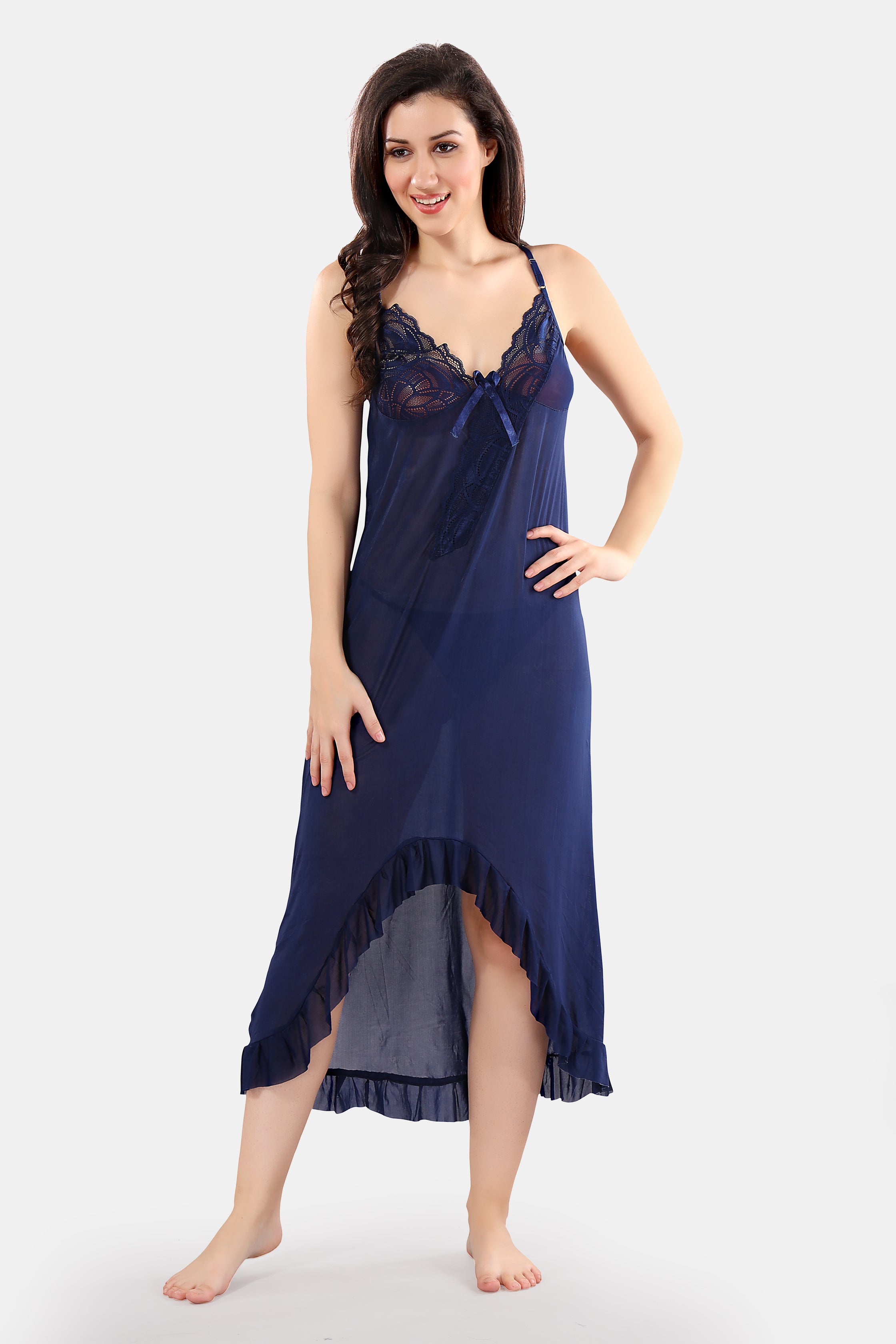 Navy Blue Power Net High-Low Baby Doll Nighty with Panty for Women