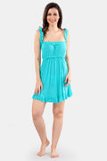 Turquoise Solid Power Net Baby Doll Nighty with Panty for Women
